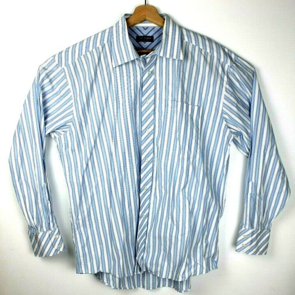 Ted Baker London Mens Size 17-34/35 Blue Striped Flip Cuff Button Down